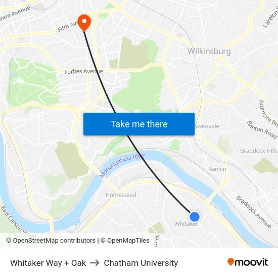 Whitaker Way + Oak to Chatham University map