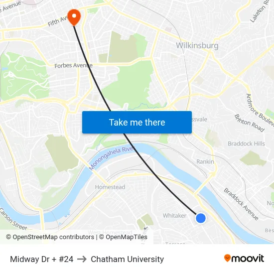 Midway Dr + #24 to Chatham University map