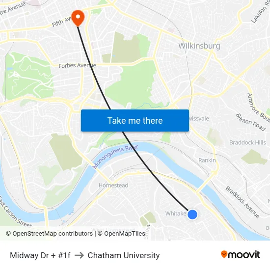 Midway Dr + #1f to Chatham University map