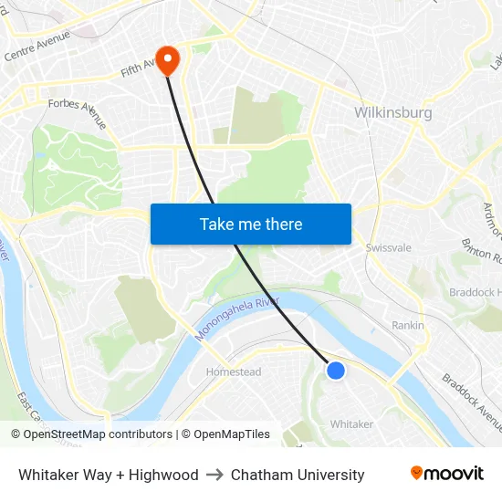 Whitaker Way + Highwood to Chatham University map