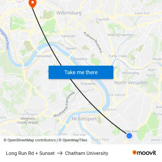 Long Run Rd + Sunset to Chatham University map