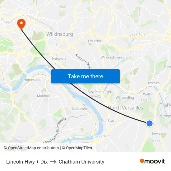 Lincoln Hwy + Dix to Chatham University map