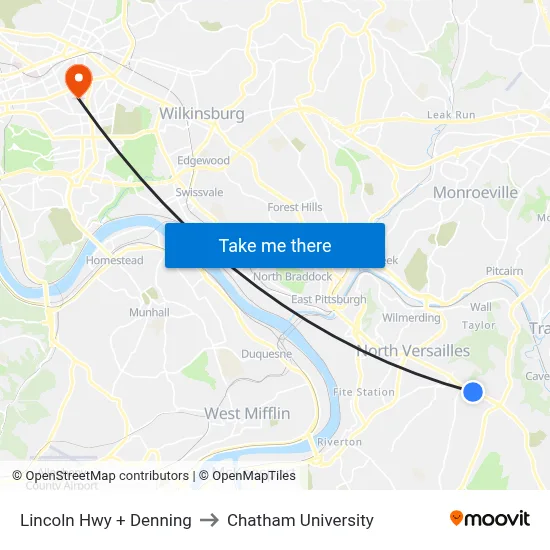 Lincoln Hwy + Denning to Chatham University map