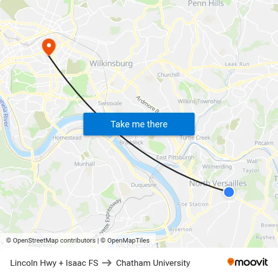 Lincoln Hwy + Isaac FS to Chatham University map