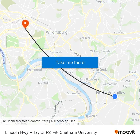 Lincoln Hwy + Taylor FS to Chatham University map