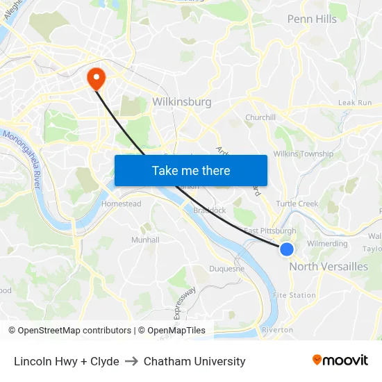 Lincoln Hwy + Clyde to Chatham University map