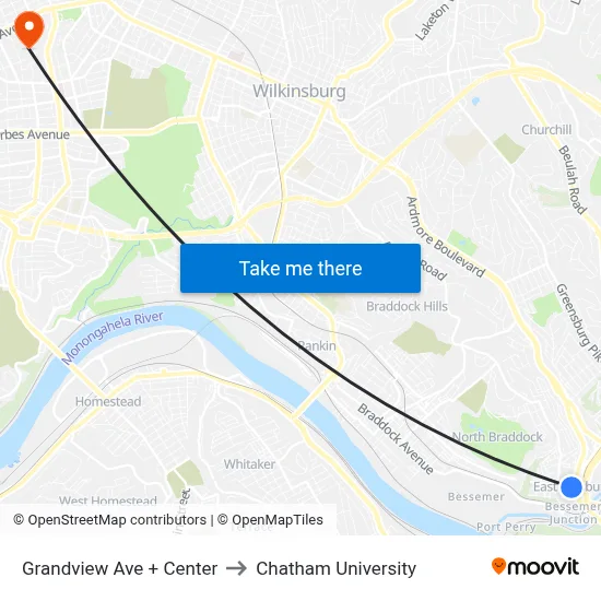Grandview Ave + Center to Chatham University map