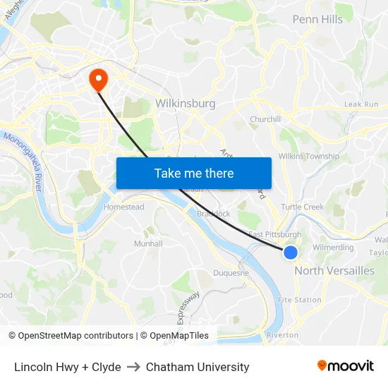 Lincoln Hwy + Clyde to Chatham University map