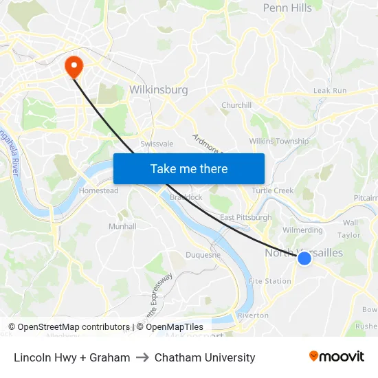 Lincoln Hwy + Graham to Chatham University map
