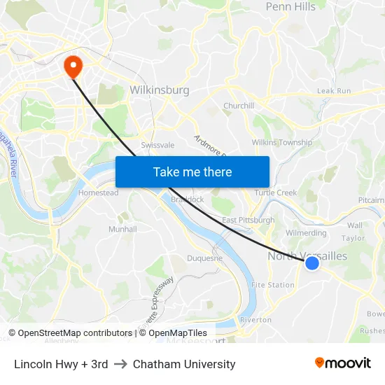 Lincoln Hwy + 3rd to Chatham University map