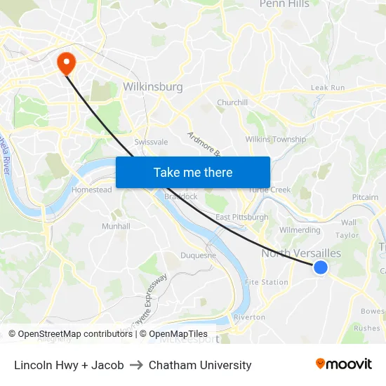 Lincoln Hwy + Jacob to Chatham University map