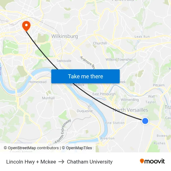 Lincoln Hwy + Mckee to Chatham University map