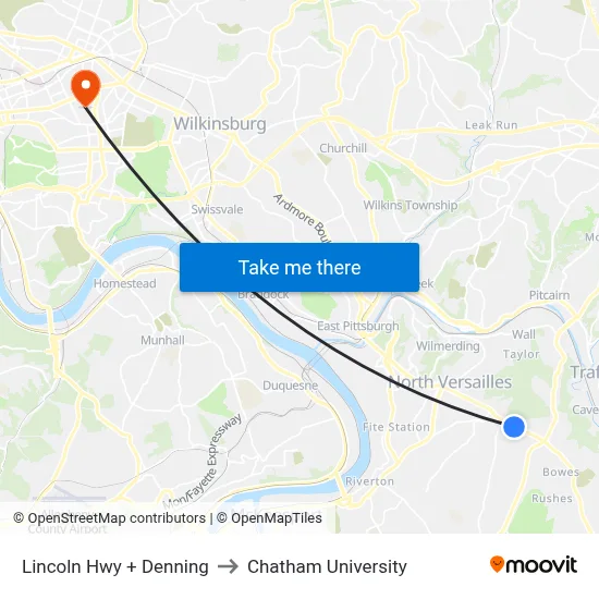Lincoln Hwy + Denning to Chatham University map