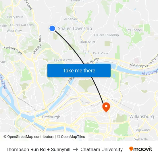 Thompson Run Rd + Sunnyhill to Chatham University map