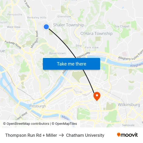 Thompson Run Rd + Miller to Chatham University map