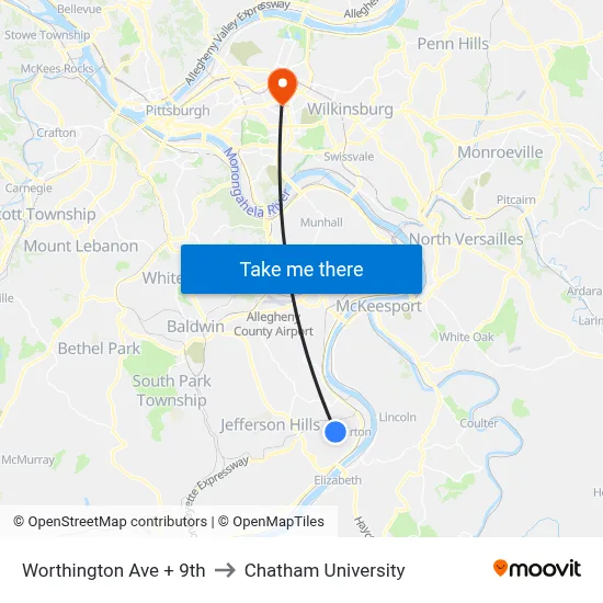 Worthington Ave + 9th to Chatham University map