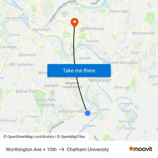 Worthington Ave + 10th to Chatham University map