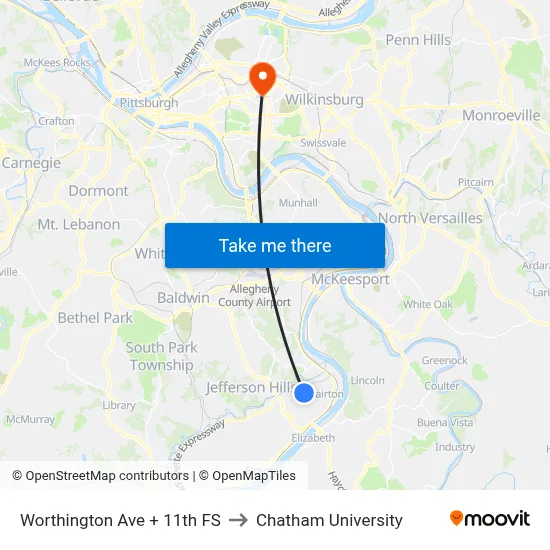 Worthington Ave + 11th FS to Chatham University map