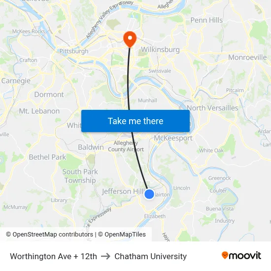 Worthington Ave + 12th to Chatham University map