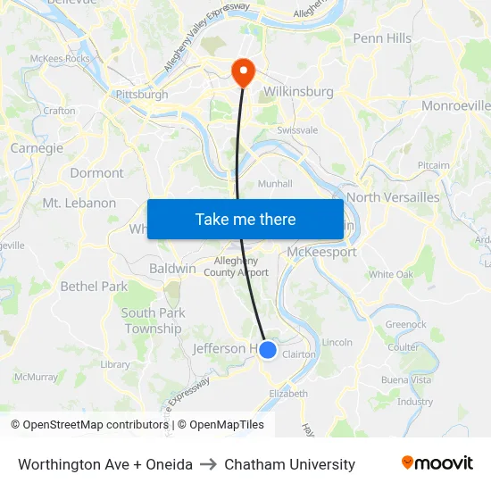 Worthington Ave + Oneida to Chatham University map