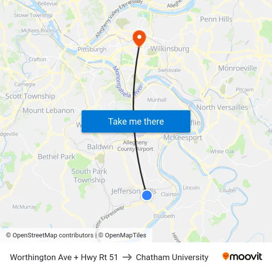 Worthington Ave + Hwy Rt 51 to Chatham University map
