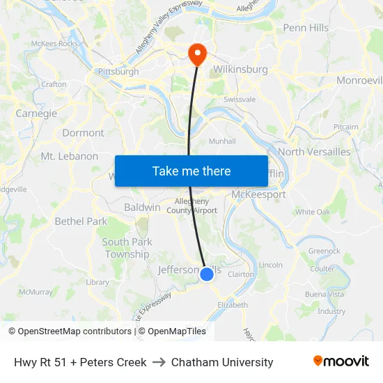 Hwy Rt 51 + Peters Creek to Chatham University map