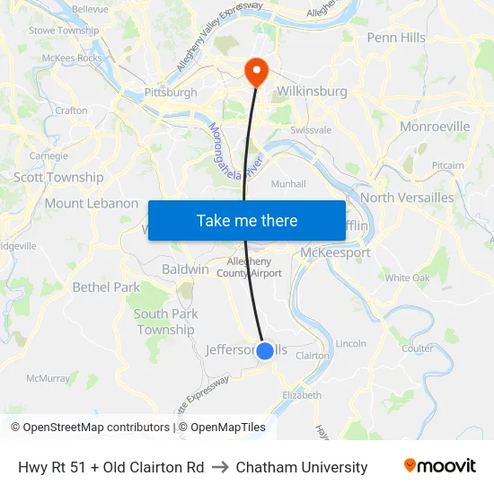 Hwy Rt 51 + Old Clairton Rd to Chatham University map