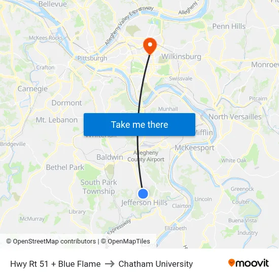 Hwy Rt 51 + Blue Flame to Chatham University map