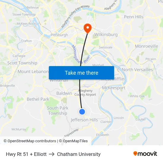 Hwy Rt 51 + Elliott to Chatham University map