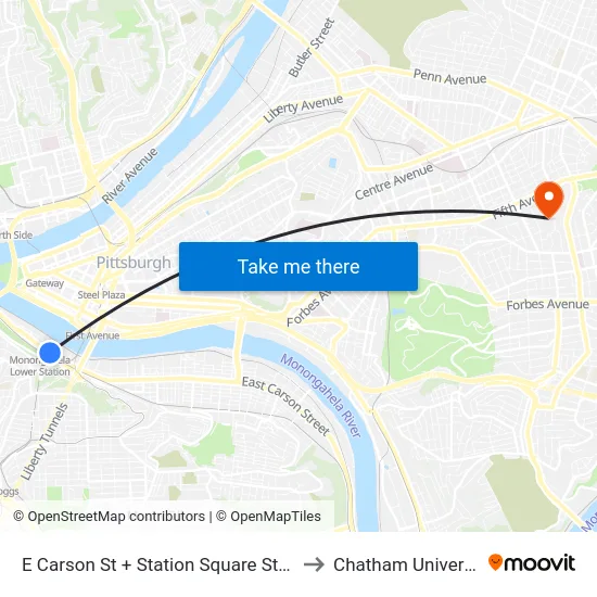 E Carson St + Station Square Station to Chatham University map