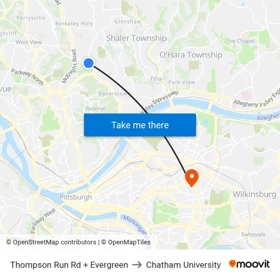 Thompson Run Rd + Evergreen to Chatham University map