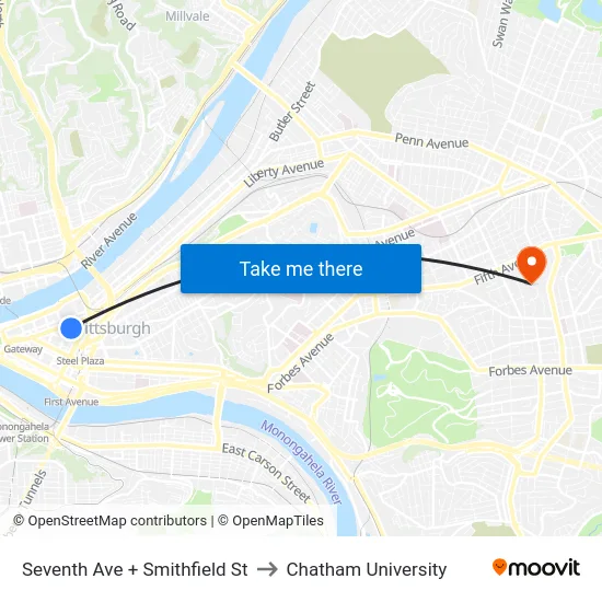 Seventh Ave + Smithfield St to Chatham University map