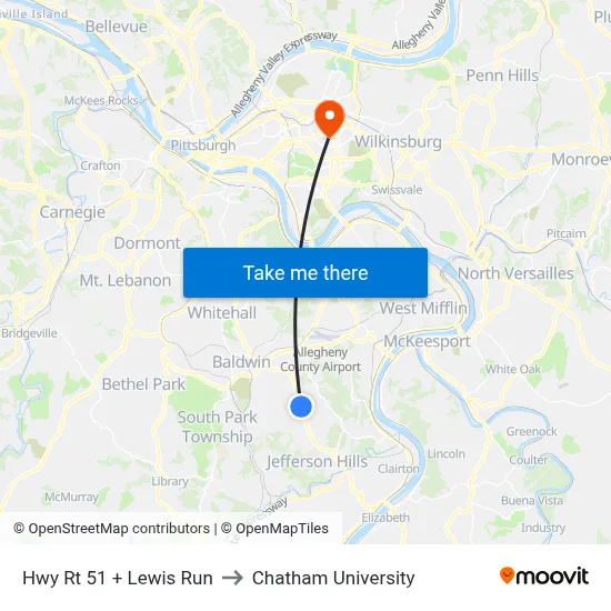 Hwy Rt 51 + Lewis Run to Chatham University map