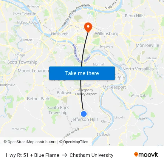 Hwy Rt 51 + Blue Flame to Chatham University map