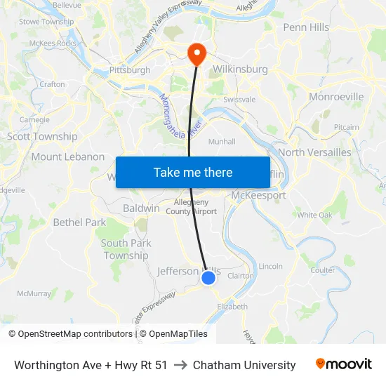 Worthington Ave + Hwy Rt 51 to Chatham University map
