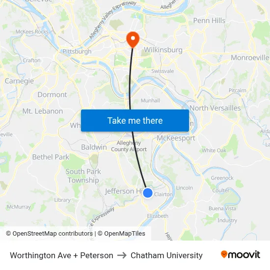 Worthington Ave + Peterson to Chatham University map