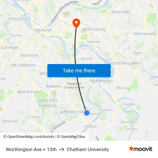 Worthington Ave + 13th to Chatham University map