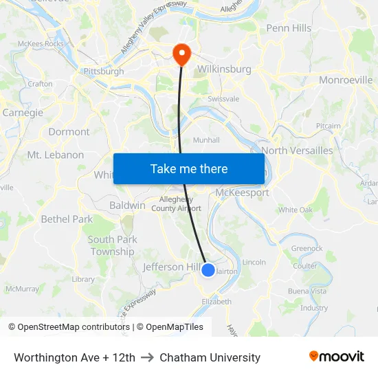 Worthington Ave + 12th to Chatham University map