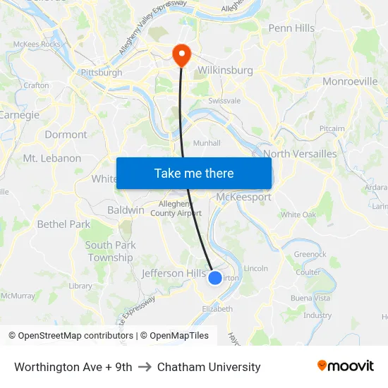 Worthington Ave + 9th to Chatham University map