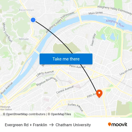 Evergreen Rd + Franklin to Chatham University map