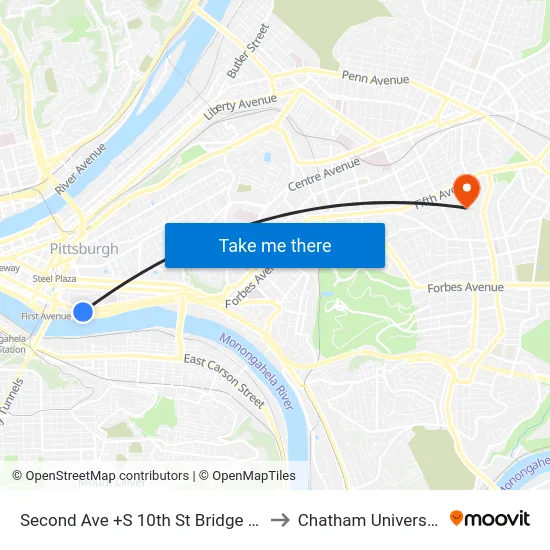 Second Ave +S 10th St Bridge FS to Chatham University map