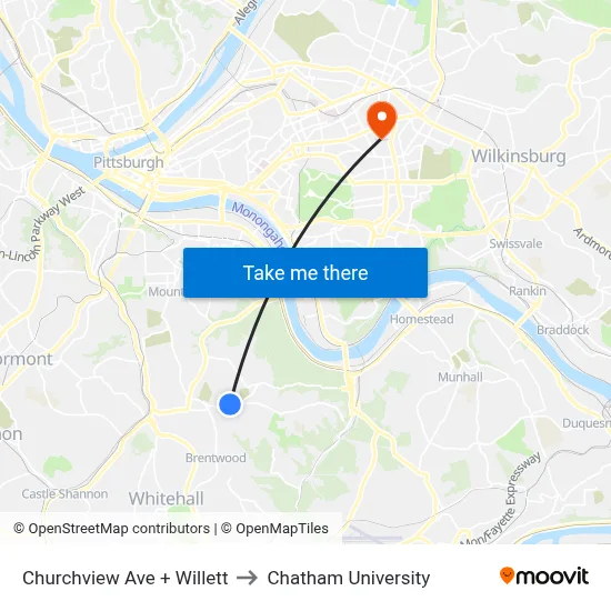 Churchview Ave + Willett to Chatham University map