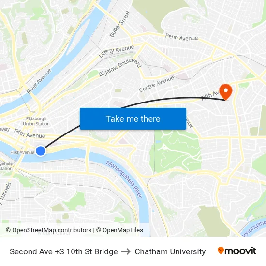 Second Ave +S 10th St Bridge to Chatham University map