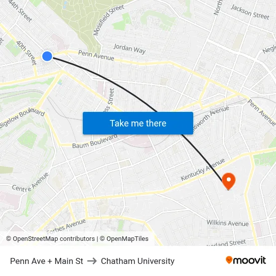 Penn Ave + Main St to Chatham University map