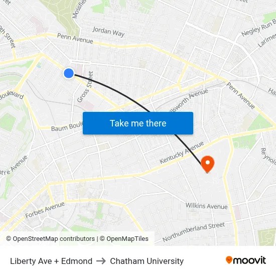 Liberty Ave + Edmond to Chatham University map