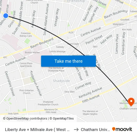 Liberty Ave + Millvale Ave ( West Penn Hosp) to Chatham University map