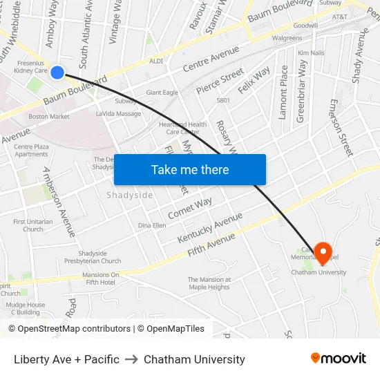 Liberty Ave + Pacific to Chatham University map