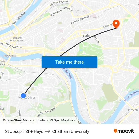St Joseph St + Hays to Chatham University map