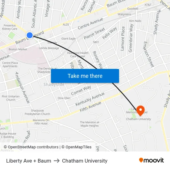 Liberty Ave + Baum to Chatham University map