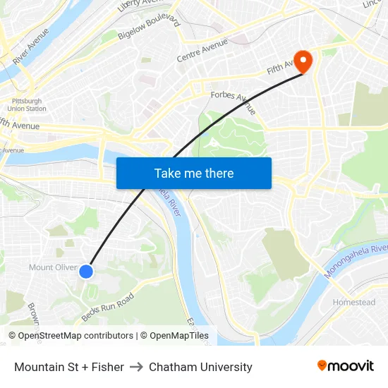 Mountain St + Fisher to Chatham University map